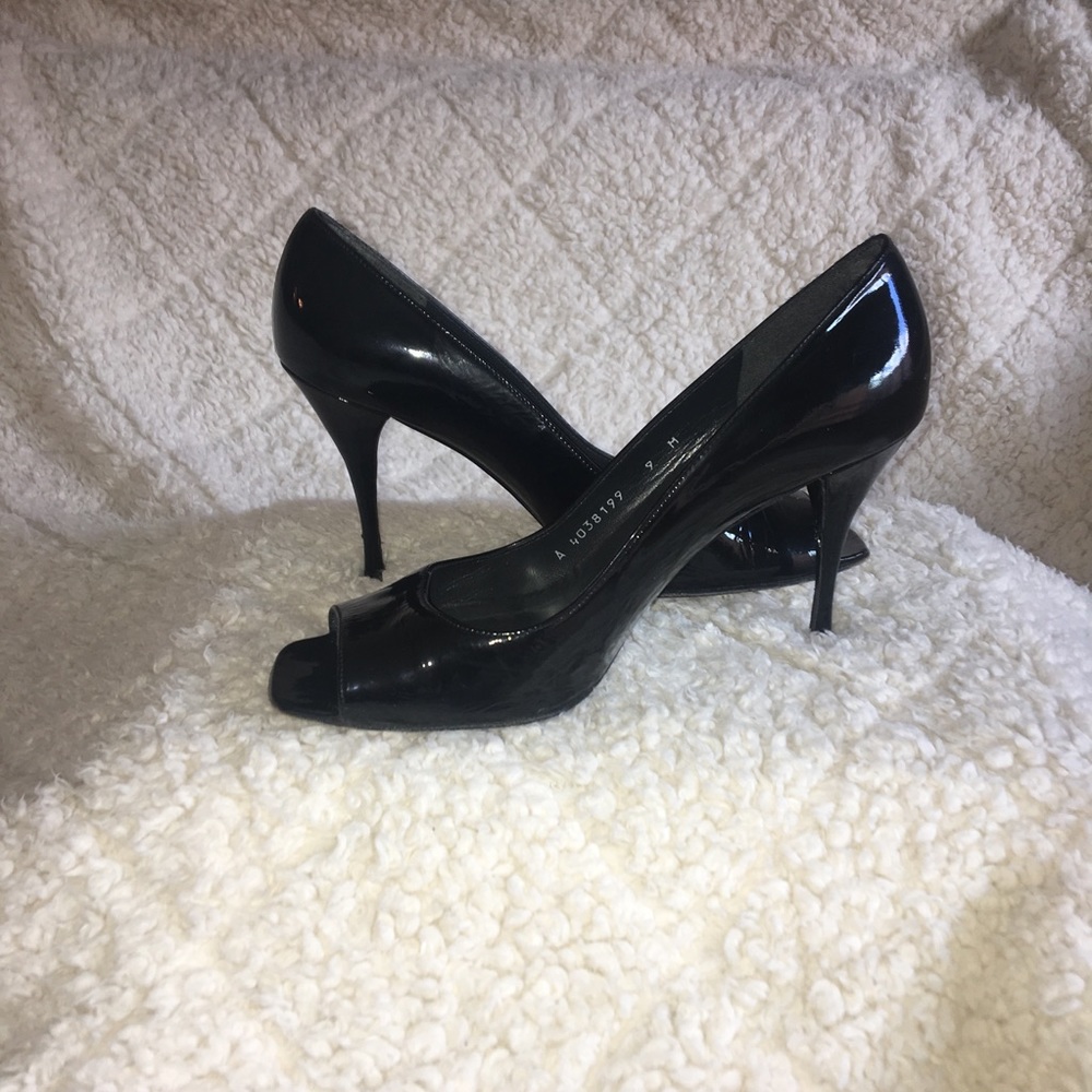 Stuart Weitzman Patent Black Leather Peep Toe